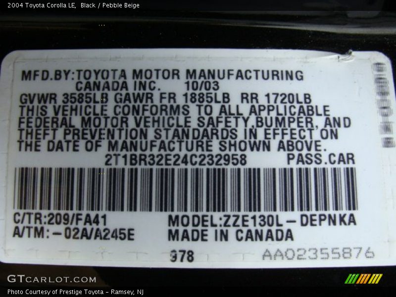 Black / Pebble Beige 2004 Toyota Corolla LE
