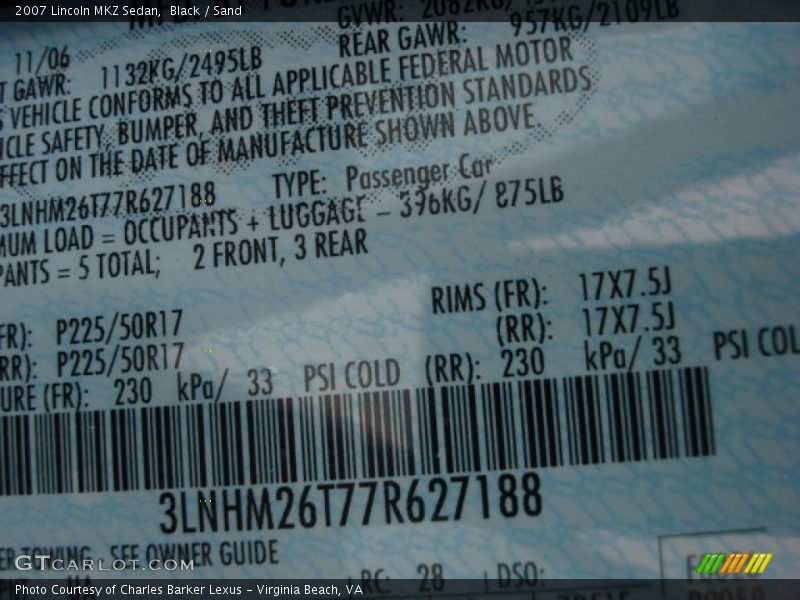 Black / Sand 2007 Lincoln MKZ Sedan