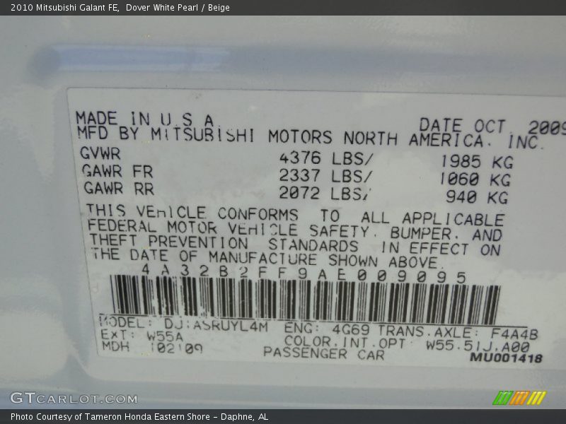 Dover White Pearl / Beige 2010 Mitsubishi Galant FE