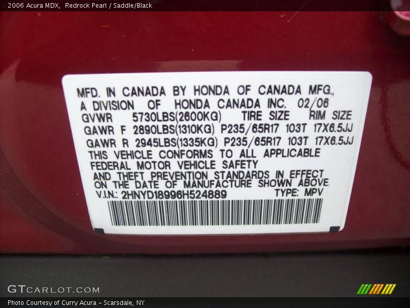 Redrock Pearl / Saddle/Black 2006 Acura MDX