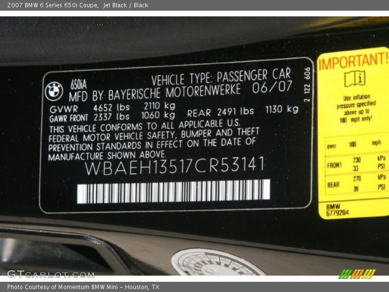 Jet Black / Black 2007 BMW 6 Series 650i Coupe