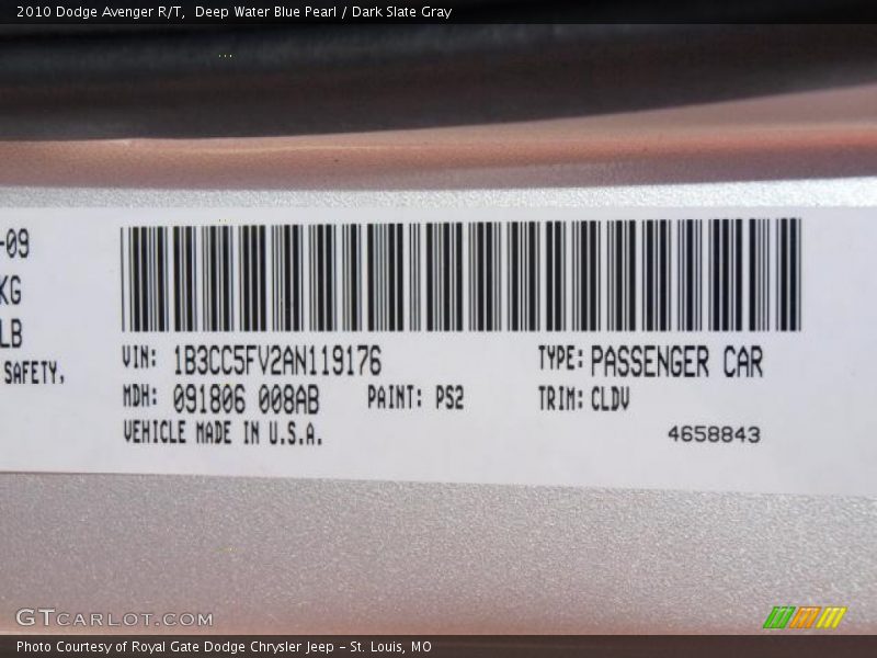Deep Water Blue Pearl / Dark Slate Gray 2010 Dodge Avenger R/T