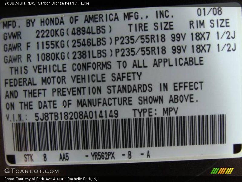 Carbon Bronze Pearl / Taupe 2008 Acura RDX