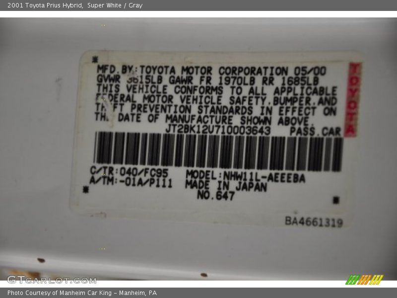 Super White / Gray 2001 Toyota Prius Hybrid