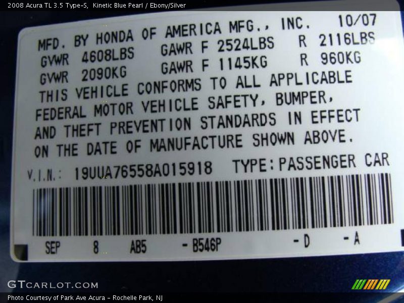 Kinetic Blue Pearl / Ebony/Silver 2008 Acura TL 3.5 Type-S