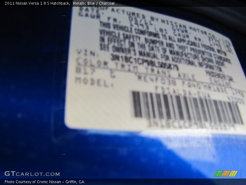 Metallic Blue / Charcoal 2011 Nissan Versa 1.8 S Hatchback