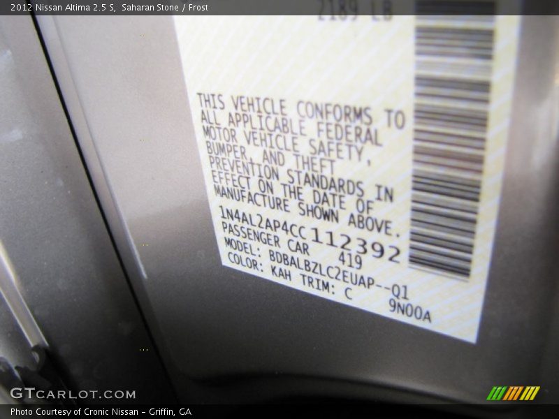 2012 Altima 2.5 S Saharan Stone Color Code KAH