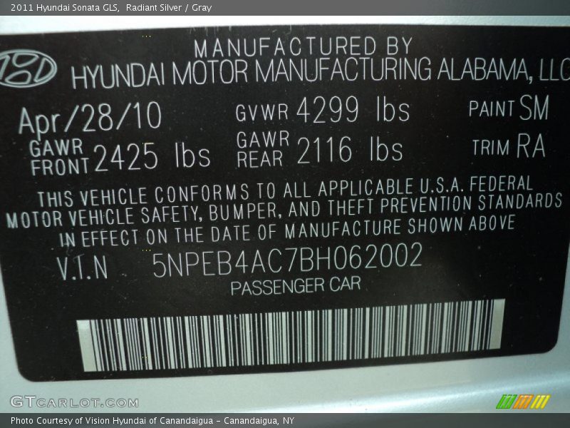 Radiant Silver / Gray 2011 Hyundai Sonata GLS