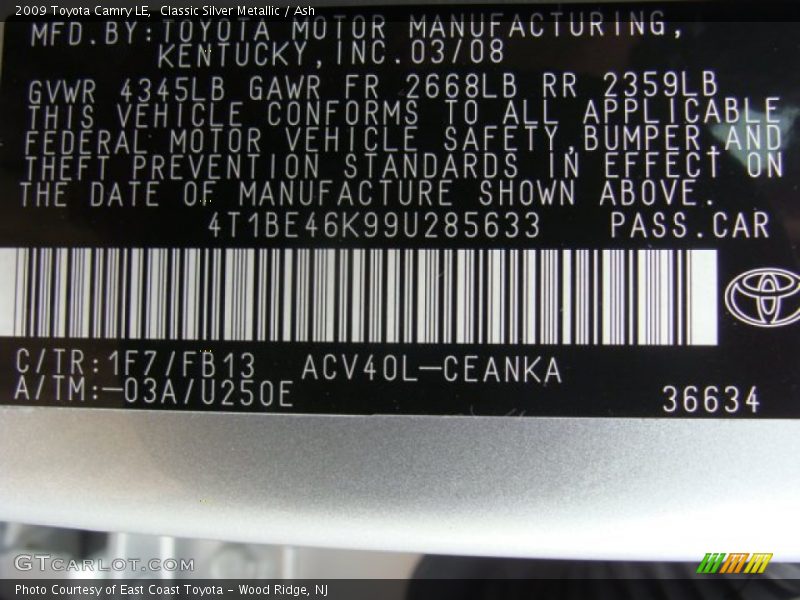 Classic Silver Metallic / Ash 2009 Toyota Camry LE