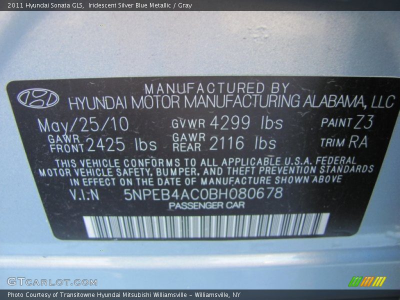 2011 Sonata GLS Iridescent Silver Blue Metallic Color Code Z3