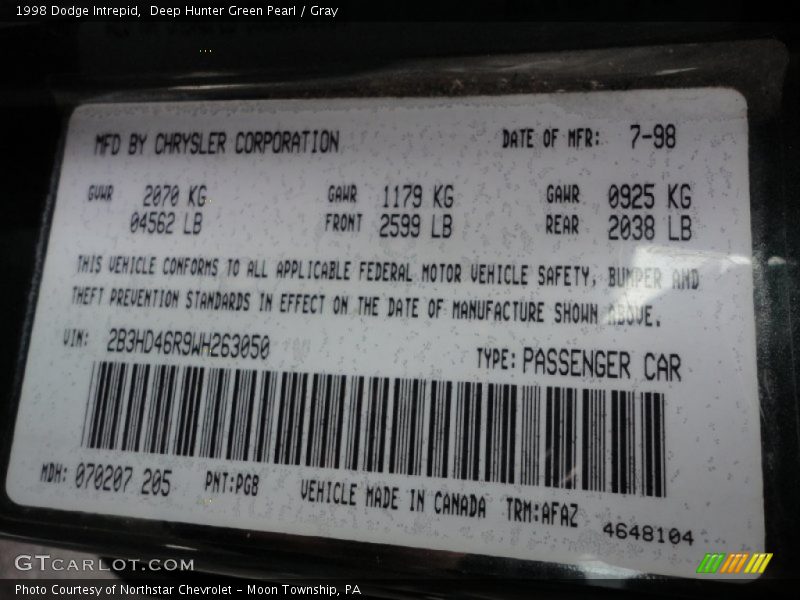 Deep Hunter Green Pearl / Gray 1998 Dodge Intrepid