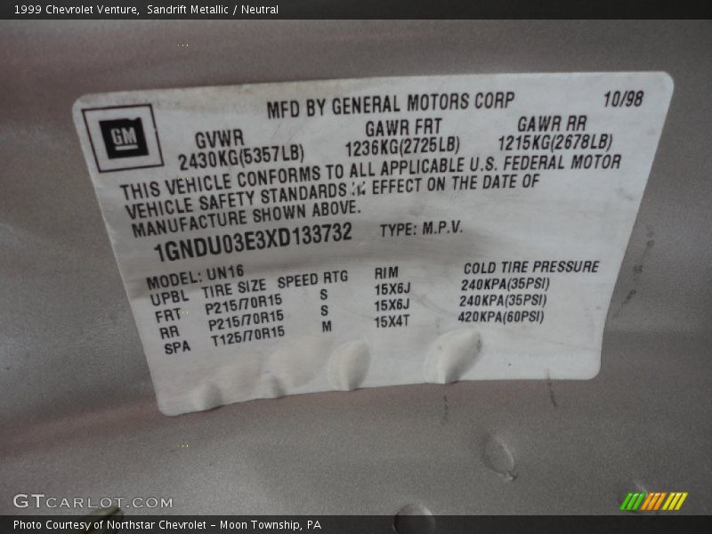 Sandrift Metallic / Neutral 1999 Chevrolet Venture