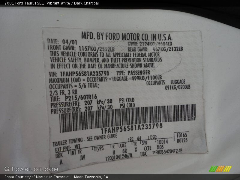 Vibrant White / Dark Charcoal 2001 Ford Taurus SEL
