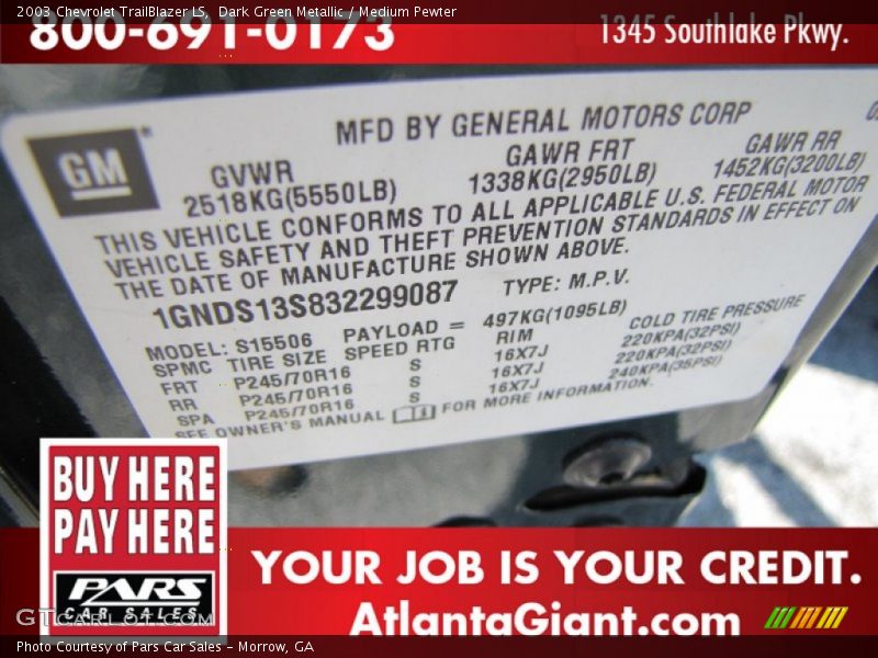 Dark Green Metallic / Medium Pewter 2003 Chevrolet TrailBlazer LS