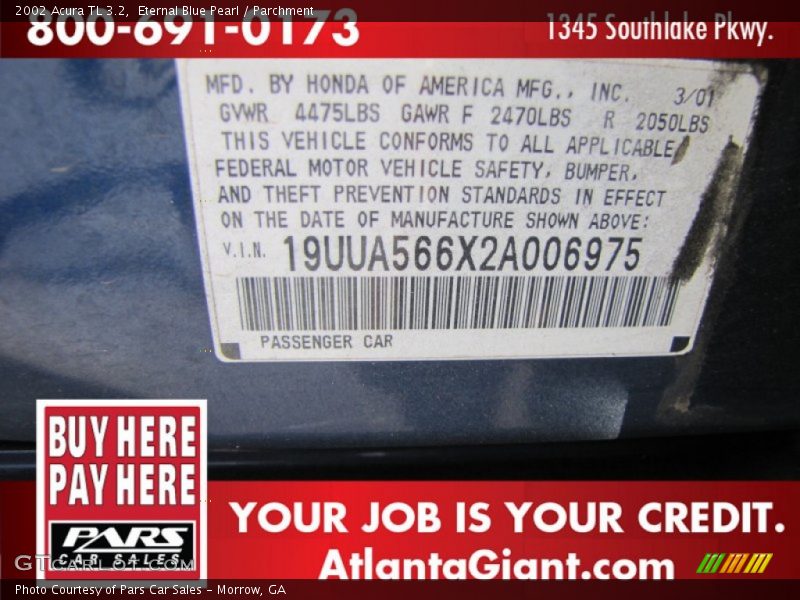 Eternal Blue Pearl / Parchment 2002 Acura TL 3.2