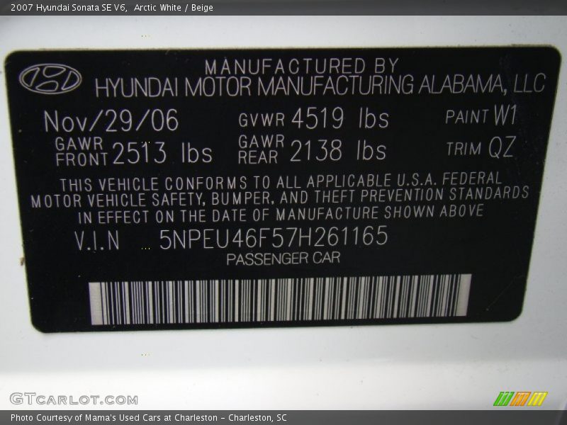 Arctic White / Beige 2007 Hyundai Sonata SE V6