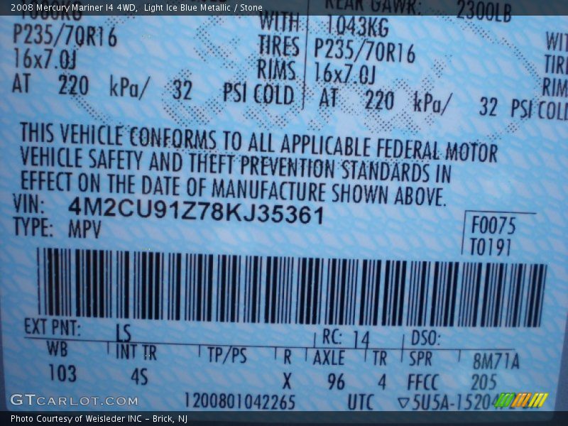 Light Ice Blue Metallic / Stone 2008 Mercury Mariner I4 4WD