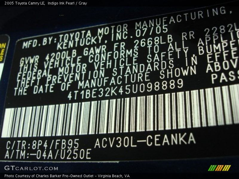 2005 Camry LE Indigo Ink Pearl Color Code 8P4