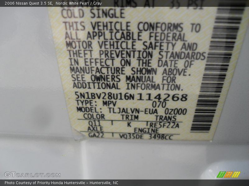Nordic White Pearl / Gray 2006 Nissan Quest 3.5 SE