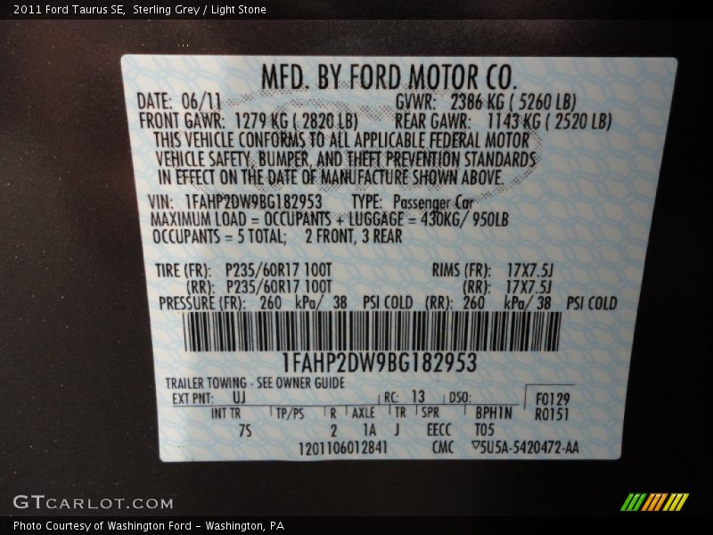 2011 Taurus SE Sterling Grey Color Code UJ