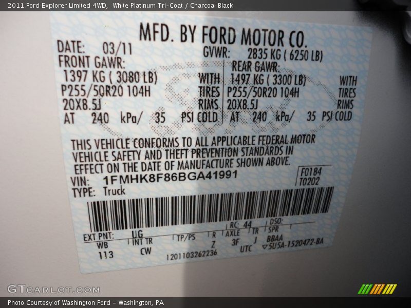 White Platinum Tri-Coat / Charcoal Black 2011 Ford Explorer Limited 4WD
