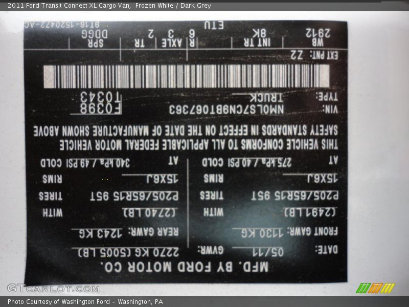 2011 Transit Connect XL Cargo Van Frozen White Color Code Z2