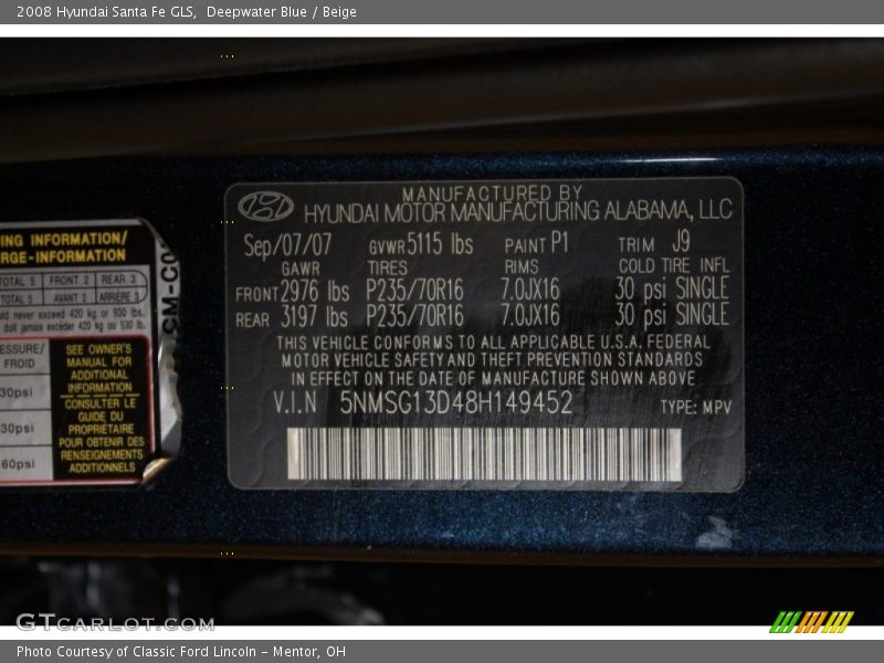 Deepwater Blue / Beige 2008 Hyundai Santa Fe GLS