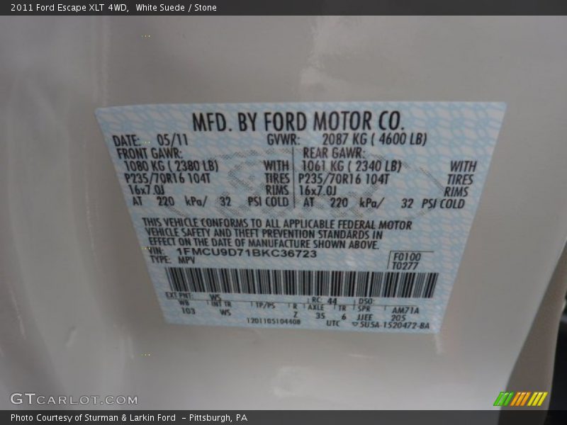 White Suede / Stone 2011 Ford Escape XLT 4WD