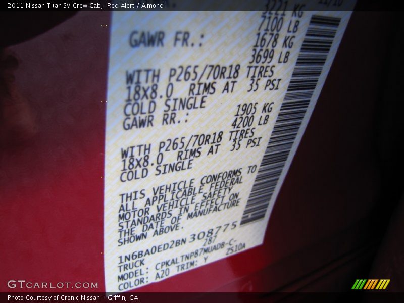 Red Alert / Almond 2011 Nissan Titan SV Crew Cab