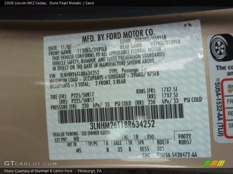 Dune Pearl Metallic / Sand 2008 Lincoln MKZ Sedan