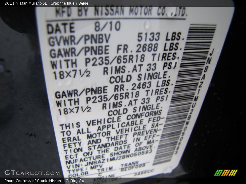 2011 Murano SL Graphite Blue Color Code RAQ