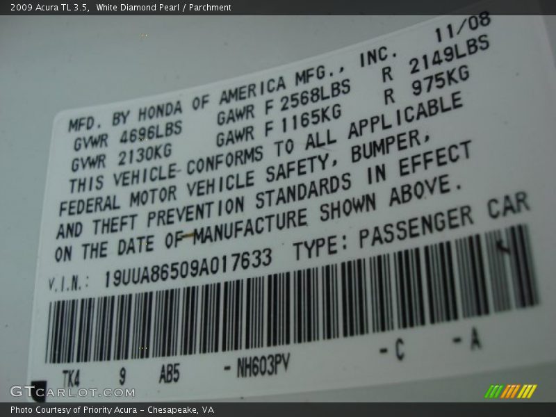 White Diamond Pearl / Parchment 2009 Acura TL 3.5