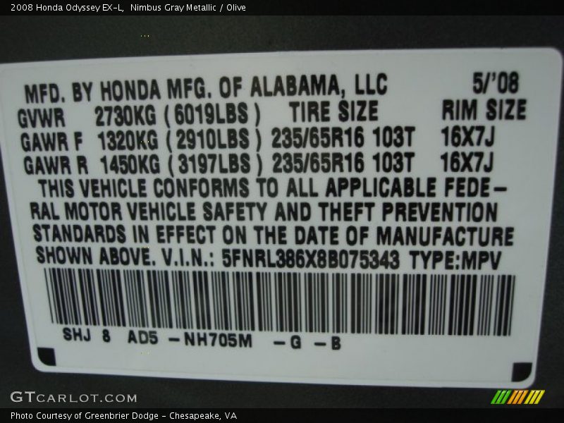 Nimbus Gray Metallic / Olive 2008 Honda Odyssey EX-L