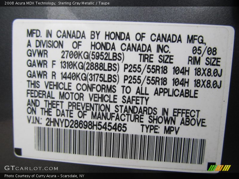 Sterling Gray Metallic / Taupe 2008 Acura MDX Technology