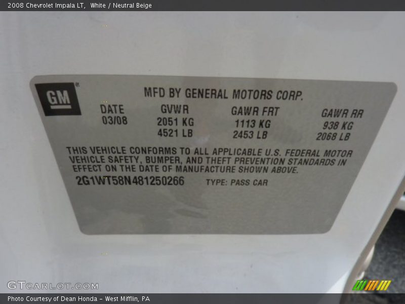 White / Neutral Beige 2008 Chevrolet Impala LT