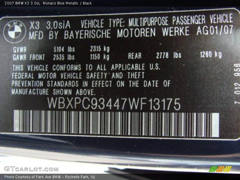 Monaco Blue Metallic / Black 2007 BMW X3 3.0si