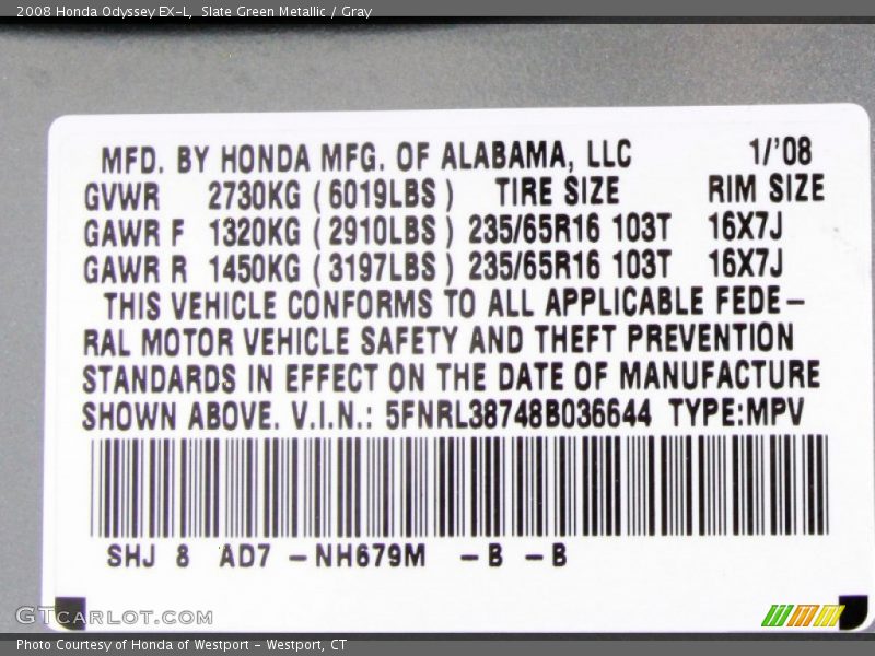Slate Green Metallic / Gray 2008 Honda Odyssey EX-L