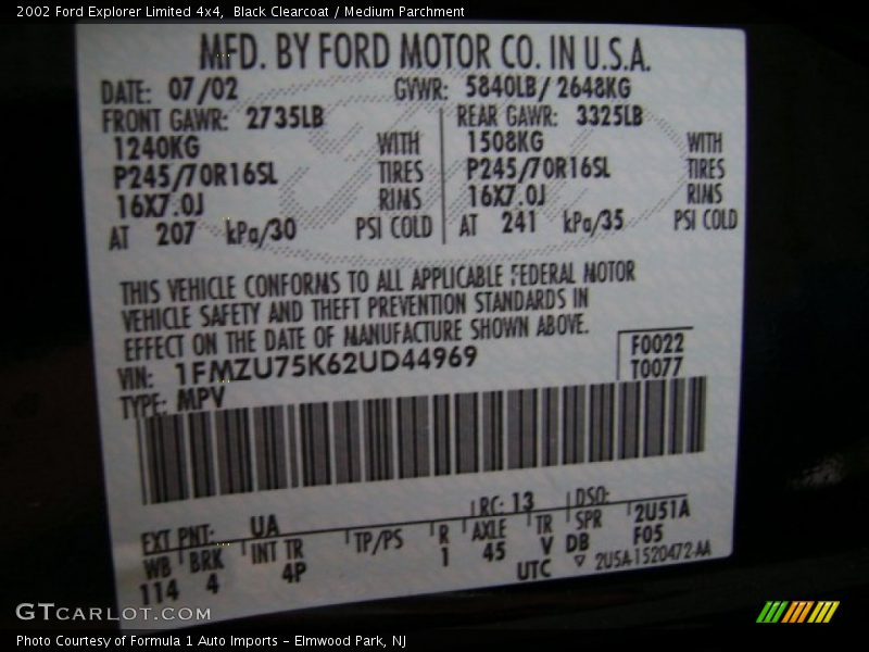 2002 Explorer Limited 4x4 Black Clearcoat Color Code UA