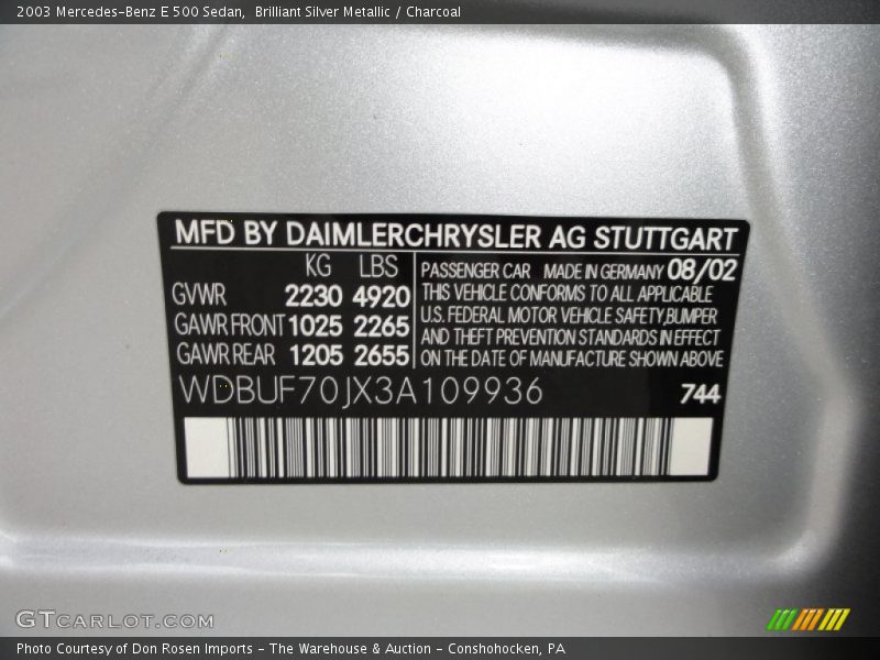 Brilliant Silver Metallic / Charcoal 2003 Mercedes-Benz E 500 Sedan