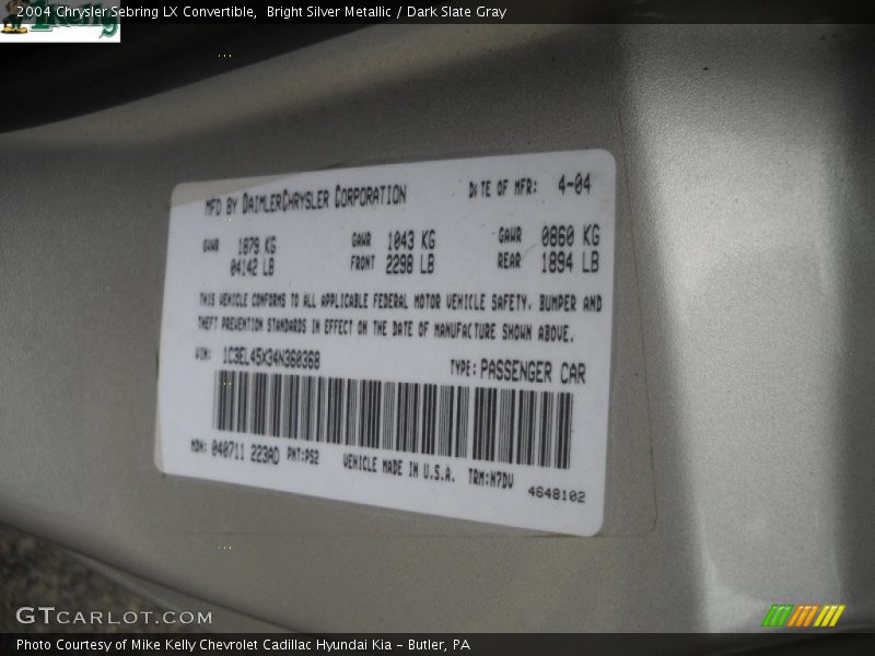 Bright Silver Metallic / Dark Slate Gray 2004 Chrysler Sebring LX Convertible