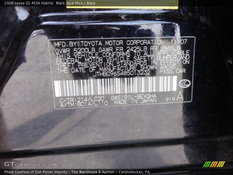 2008 GS 450h Hybrid Black Opal Mica Color Code 214