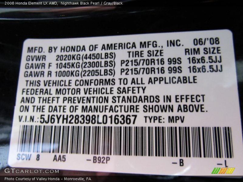 2008 Element LX AWD Nighthawk Black Pearl Color Code B92P