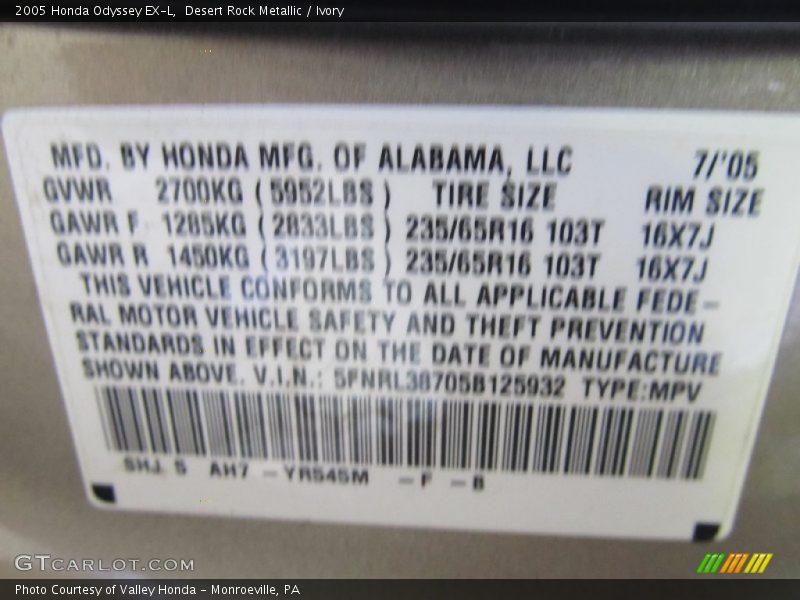 Desert Rock Metallic / Ivory 2005 Honda Odyssey EX-L