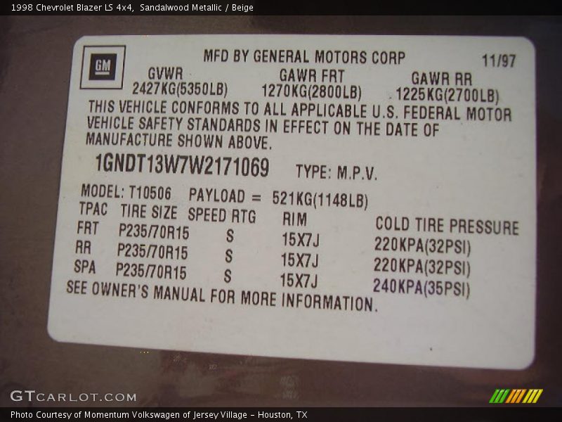 Sandalwood Metallic / Beige 1998 Chevrolet Blazer LS 4x4