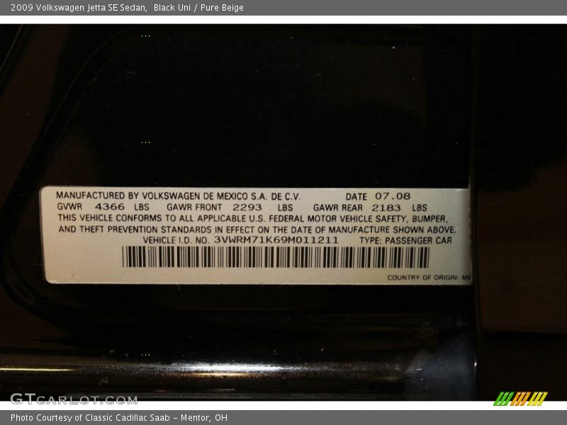 Black Uni / Pure Beige 2009 Volkswagen Jetta SE Sedan