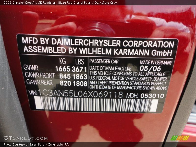 Info Tag of 2006 Crossfire SE Roadster