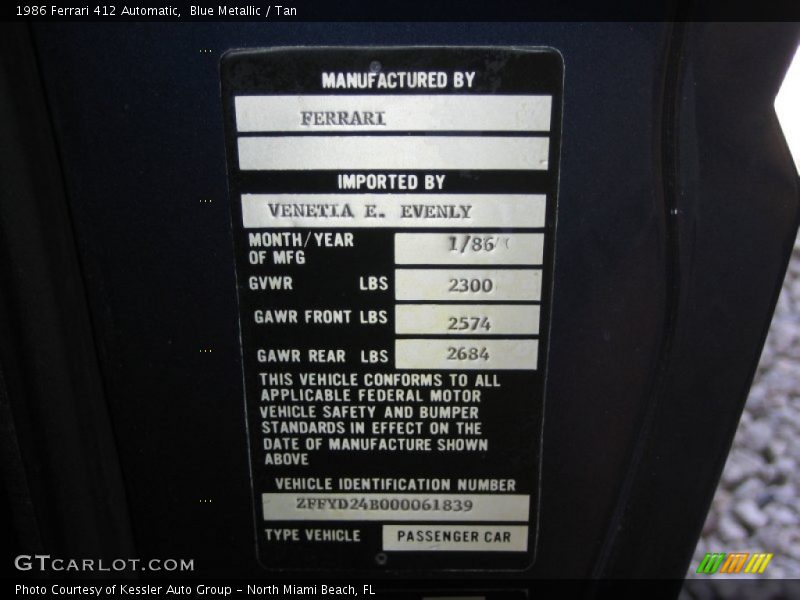 Blue Metallic / Tan 1986 Ferrari 412 Automatic
