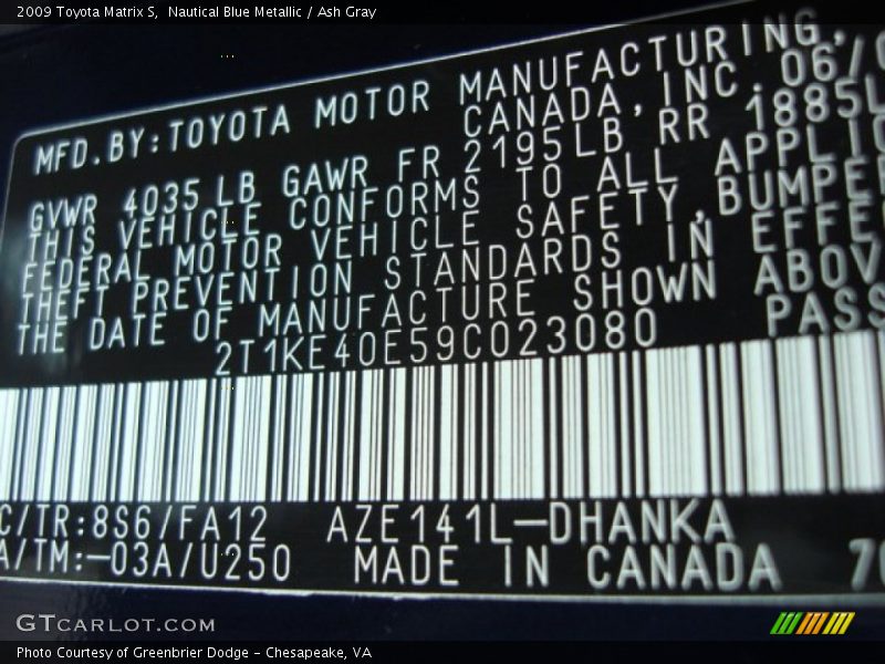 Nautical Blue Metallic / Ash Gray 2009 Toyota Matrix S