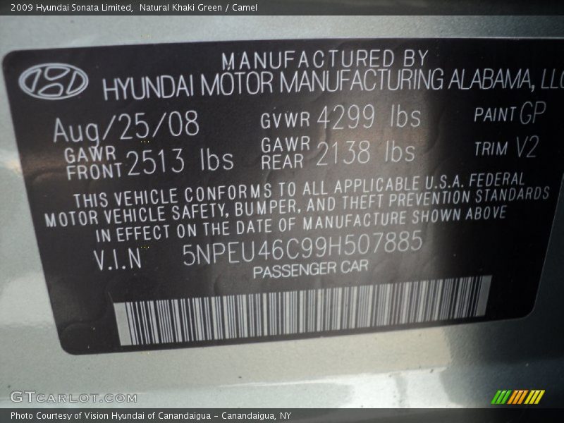 Natural Khaki Green / Camel 2009 Hyundai Sonata Limited