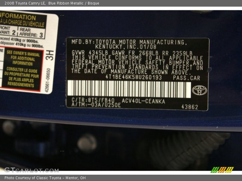 Blue Ribbon Metallic / Bisque 2008 Toyota Camry LE